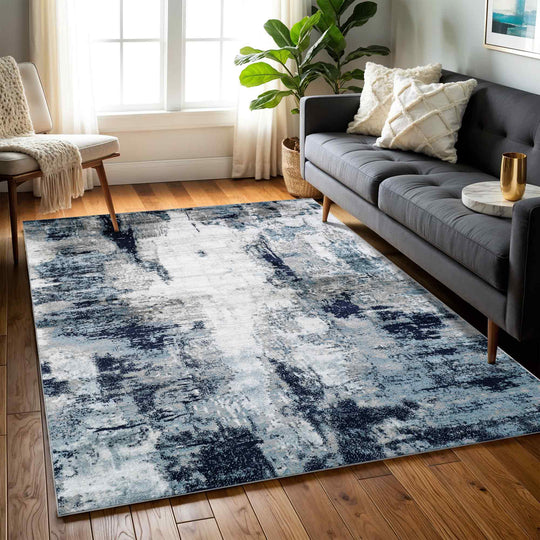 Tapis de Couloir Abstrait Moderne Bleu/Blanc/Gris Helsinki