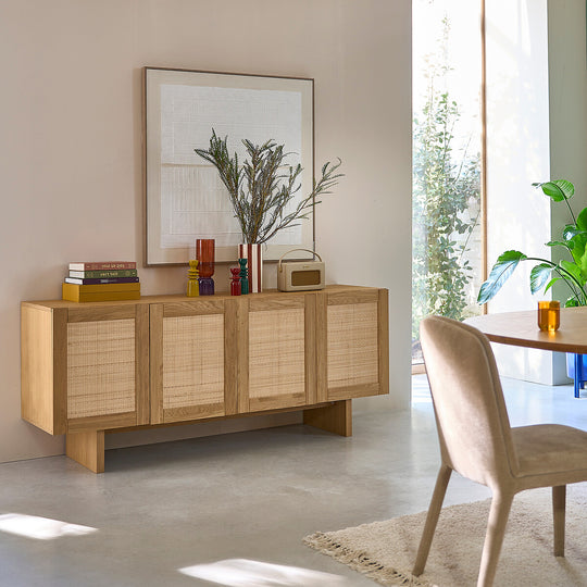 Buffet 4 portes plaqué chêne et cannage, Arty La Redoute Interieurs