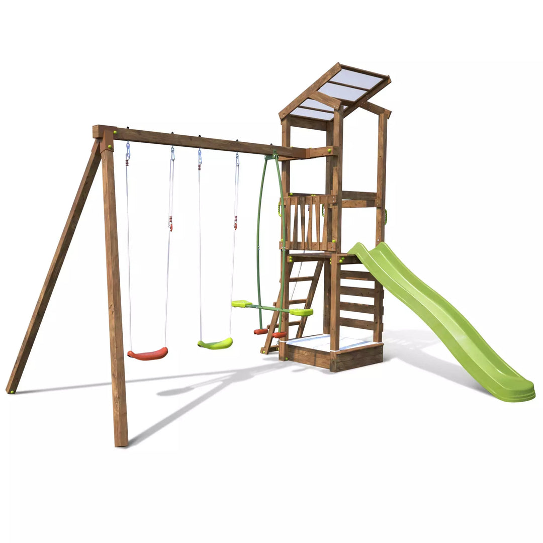 Aire de jeux SOULET Happy Swing & Climbing 120 avec portique 3 agrès et toboggan — photo produit