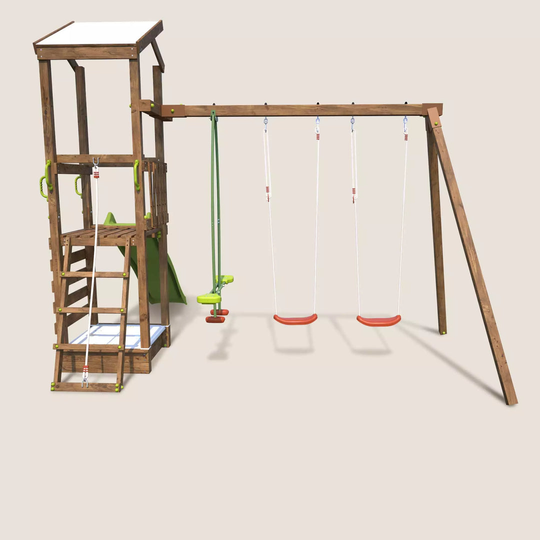 Aire de jeux SOULET Happy Swing & Climbing 120 avec portique 3 agrès et toboggan — photo produit