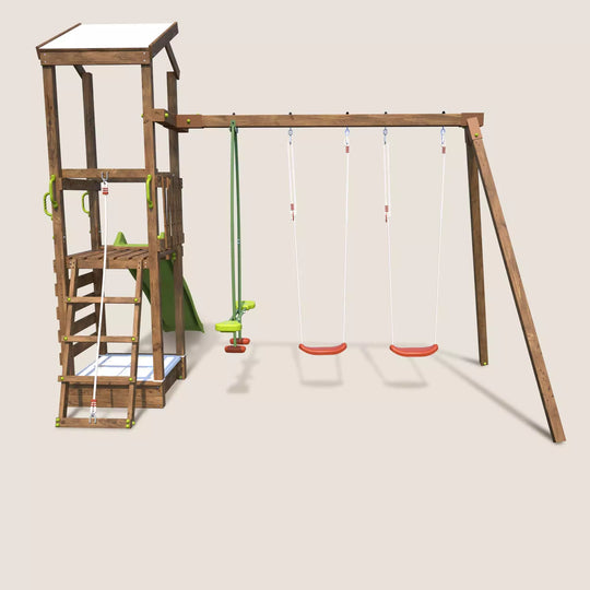 Aire de jeux SOULET Happy Swing & Climbing 120 avec portique 3 agrès et toboggan — photo produit
