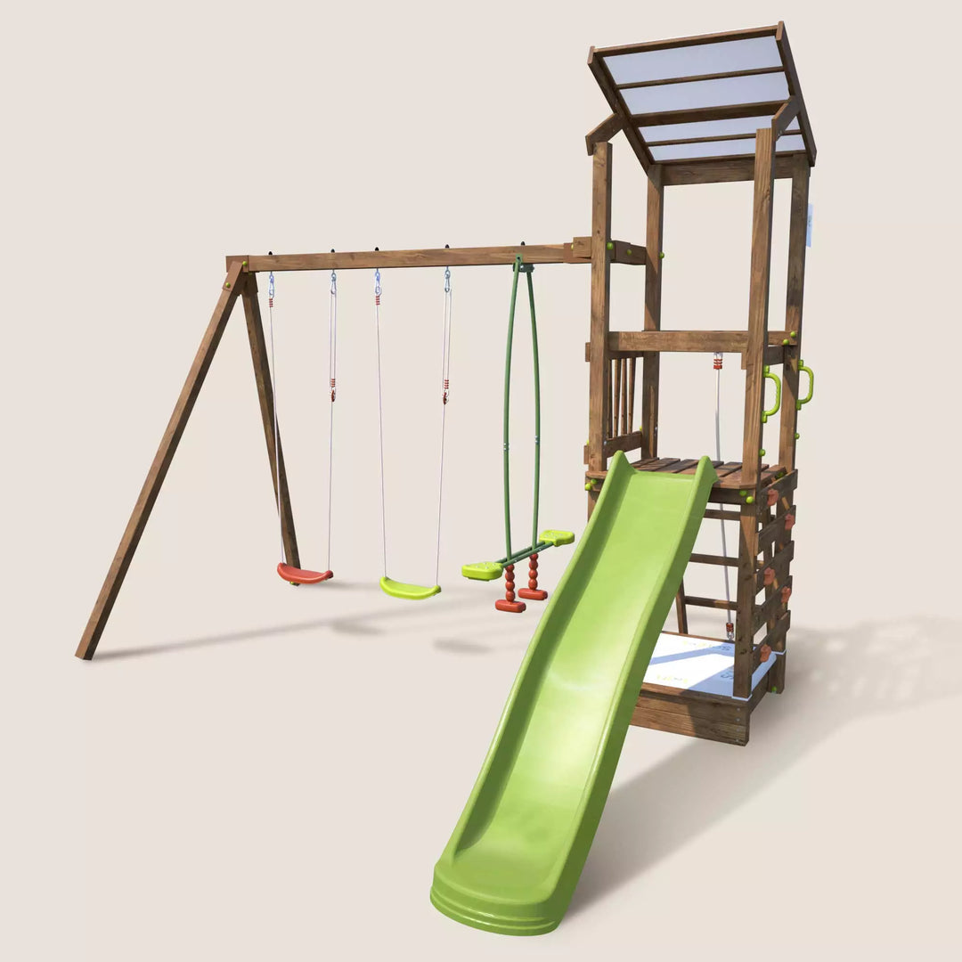 Aire de jeux SOULET Happy Swing & Climbing 120 avec portique 3 agrès et toboggan — photo produit