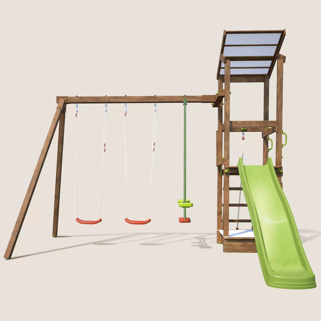 Aire de jeux SOULET Happy Swing & Climbing 120 avec portique 3 agrès et toboggan — photo produit