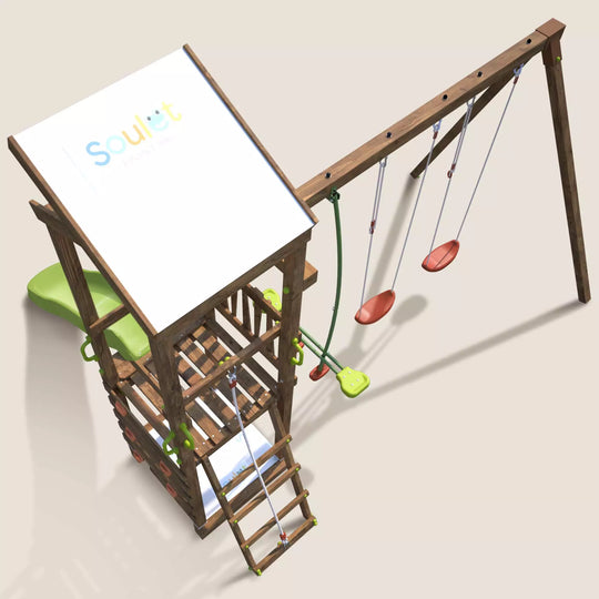 Aire de jeux SOULET Happy Swing & Climbing 120 avec portique 3 agrès et toboggan — photo produit