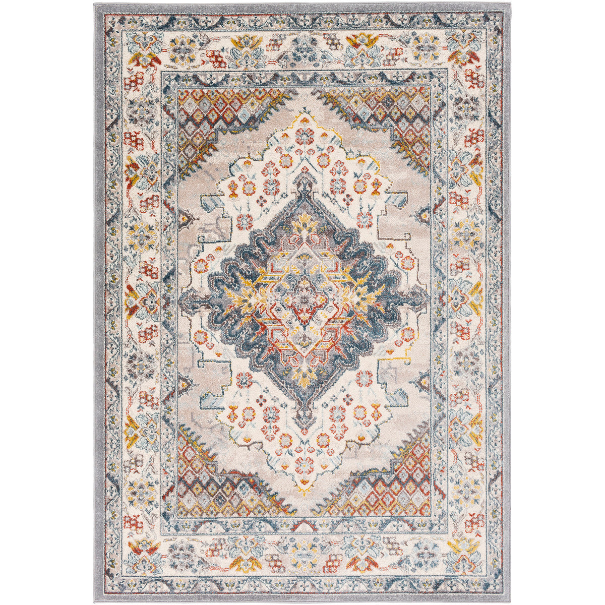 Tapis SURYA Jade oriental, médaillon bleu foncé, touches rouille et moutarde sur fond gris, vue 6