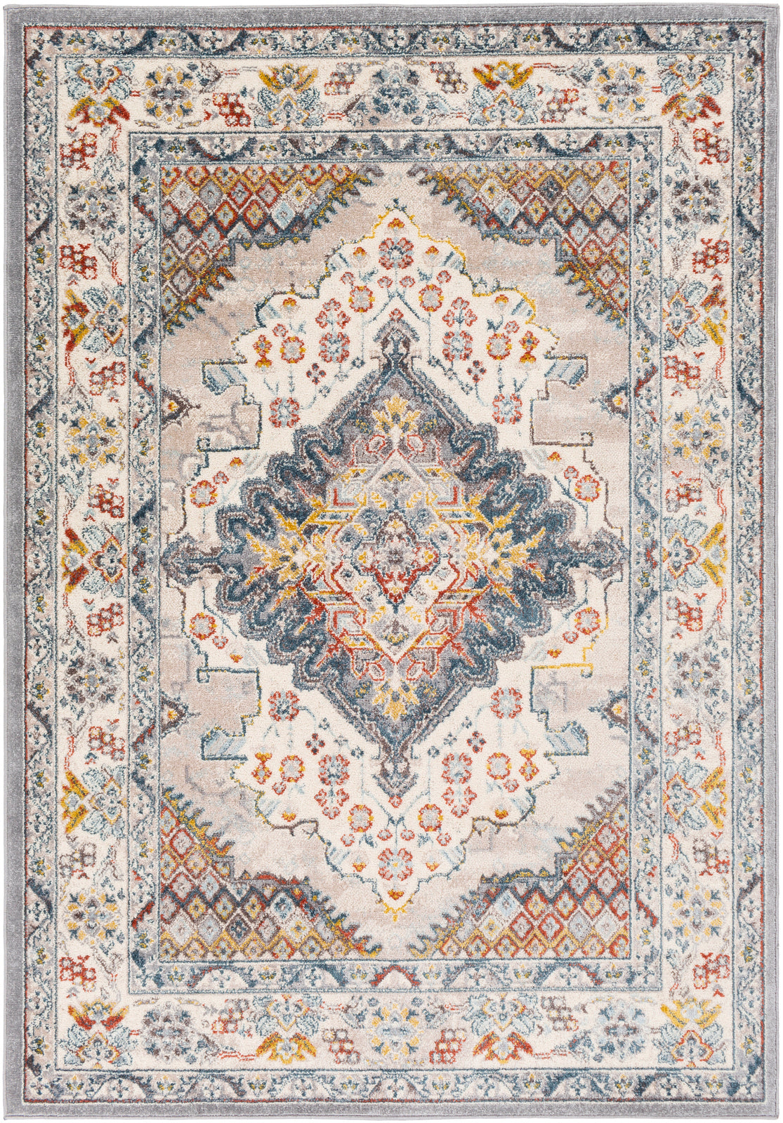 Tapis SURYA Jade oriental, médaillon bleu foncé, touches rouille et moutarde sur fond gris, vue 8