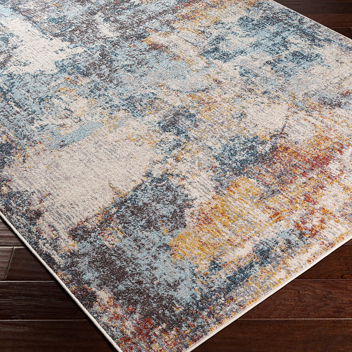 Tapis Surya Sarasota abstrait moderne, motif peint bleu, gris et blanc cassé, vue 11