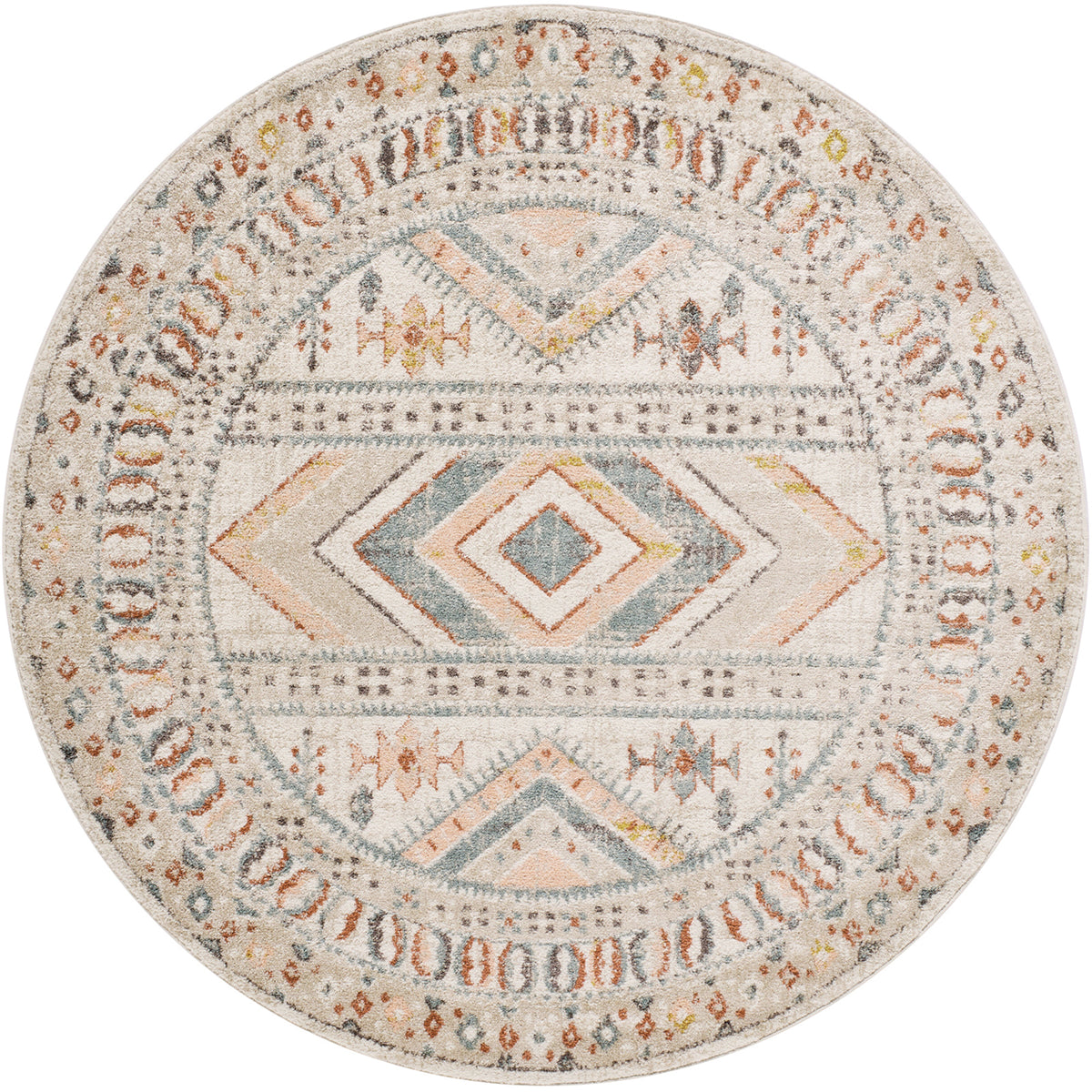 Tapis rond SURYA Jaipur bohème, motif de frises rose, bleu ciel et moutarde sur fond blanc cassé, vue 2