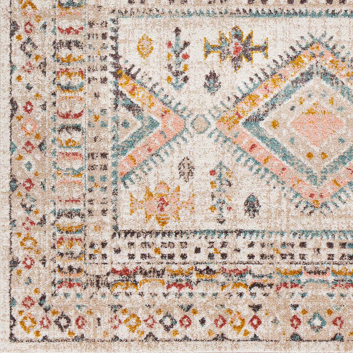 Tapis rond SURYA Jaipur bohème, motif de frises rose, bleu ciel et moutarde sur fond blanc cassé, vue 5