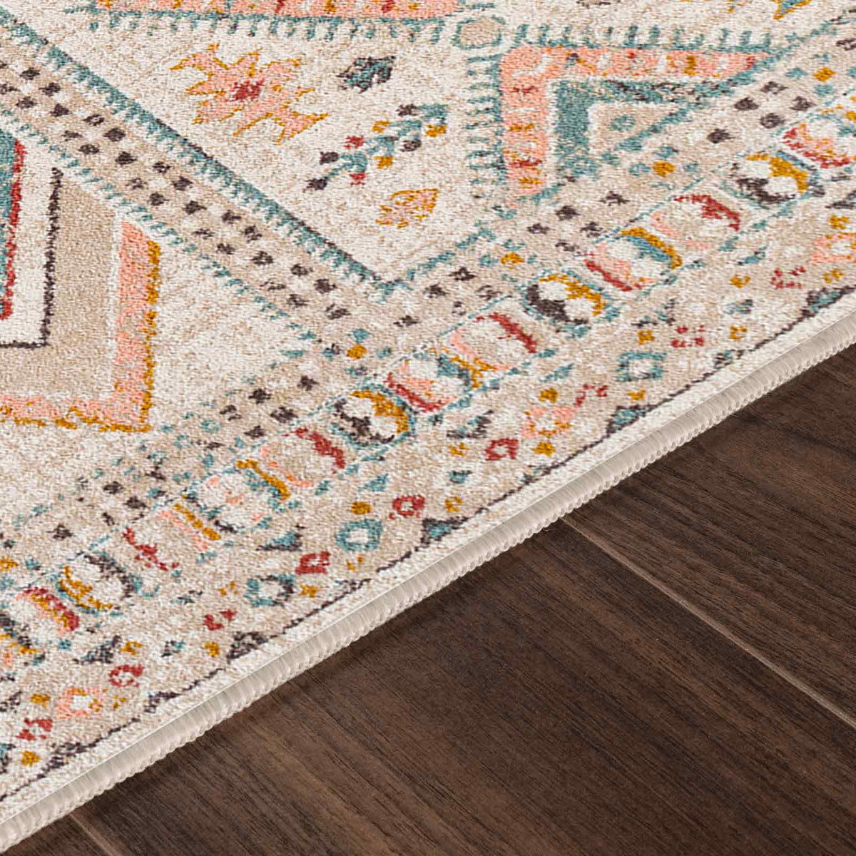 Tapis rond SURYA Jaipur bohème, motif de frises rose, bleu ciel et moutarde sur fond blanc cassé, vue 8