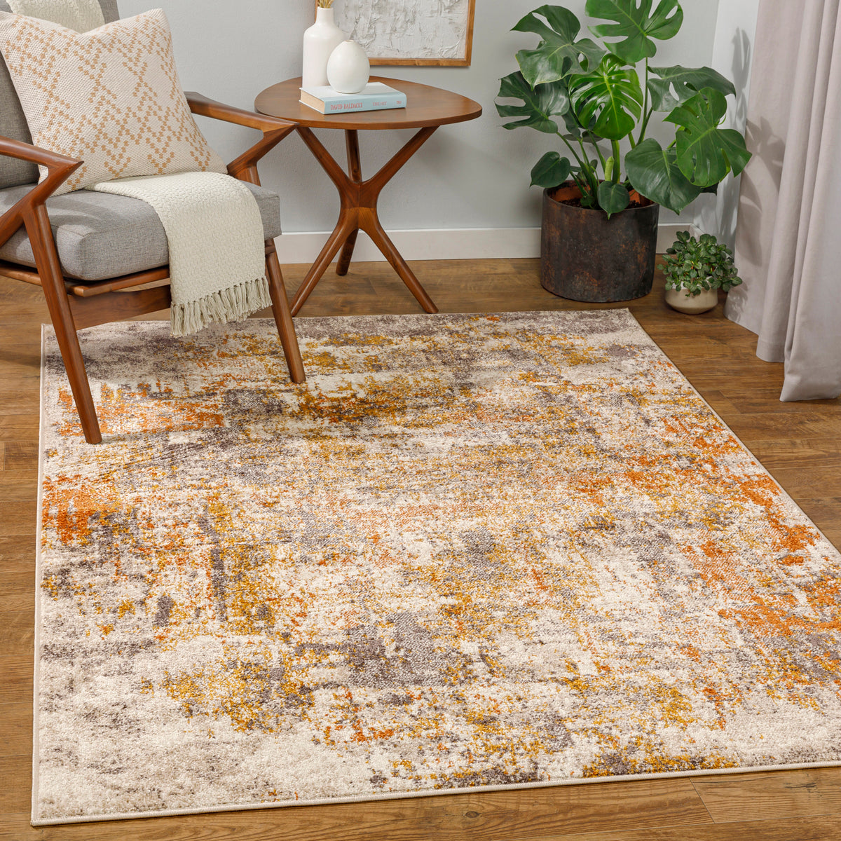 Tapis Surya Jeevika abstrait moderne, motif effet marbre orange, rouille et crème, vue 7