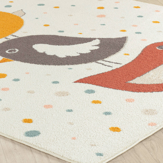 Tapis Rond Enfant Oiseaux Jaune/Bleu/Marron rond Breda