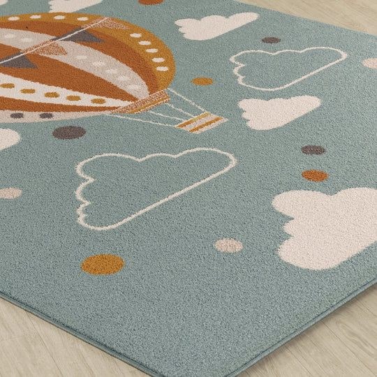 Tapis Rond Enfant Montgolfière Nuages Multicolore/Bleu Rond Cenon