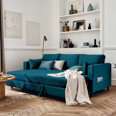 Canapé droit 3 places BESTMOBILIER convertible ANNA bleu canard