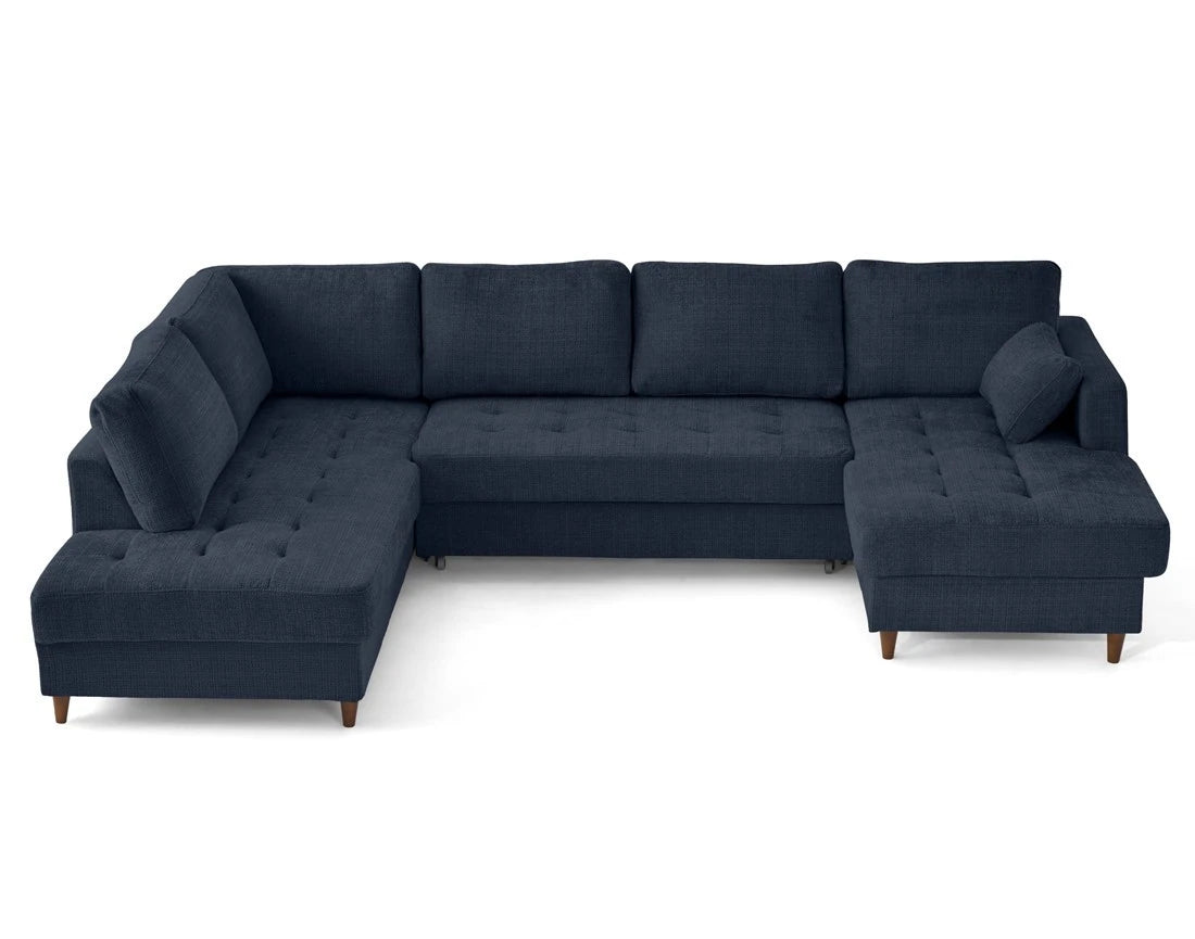 Canapé panoramique convertible  d'angle gauche BEST MOBILIER Anna 7 places avec coffre en velours texturé bleu — photo produit