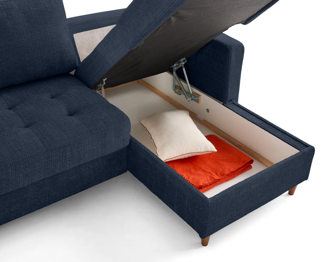 Canapé panoramique convertible  d'angle gauche BEST MOBILIER Anna 7 places avec coffre en velours texturé bleu — photo produit