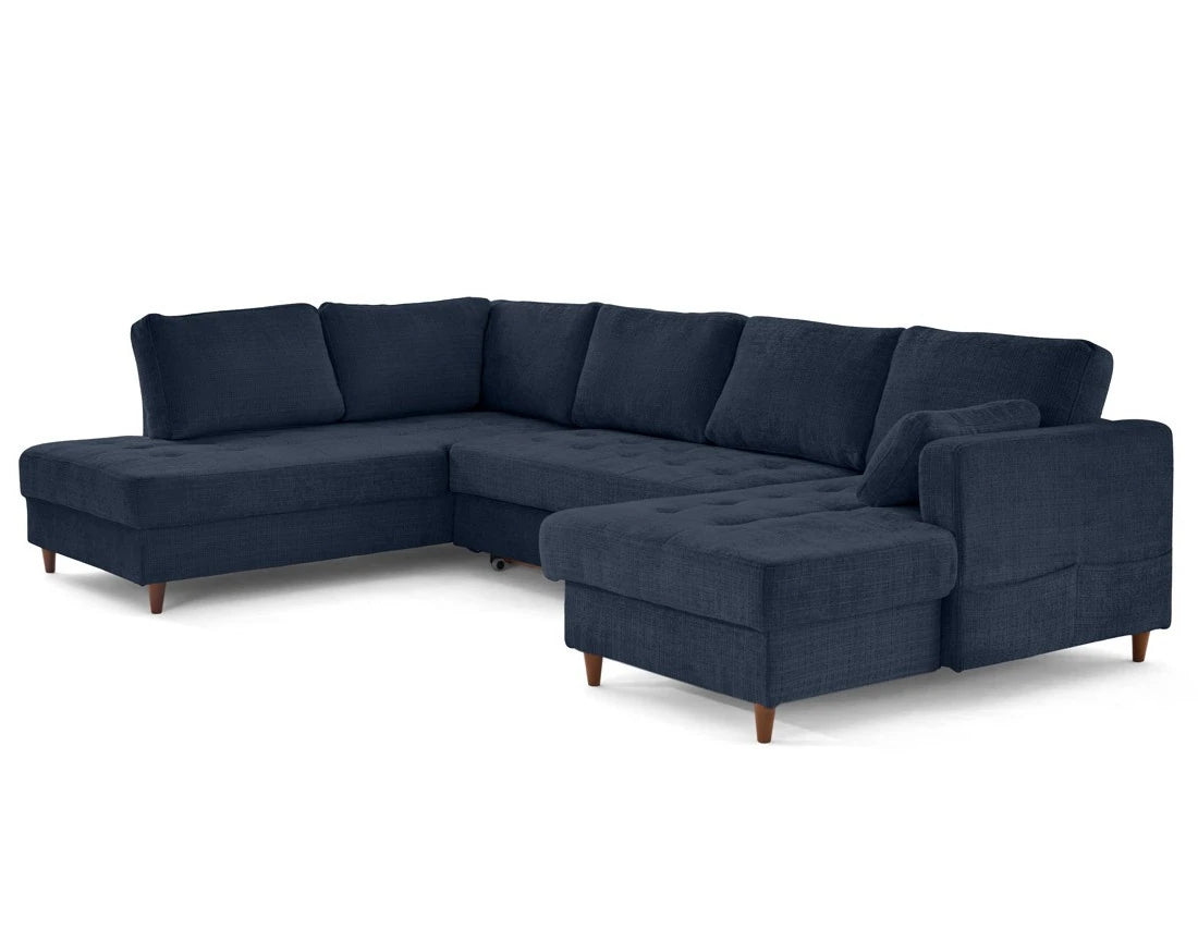 Canapé panoramique convertible  d'angle gauche BEST MOBILIER Anna 7 places avec coffre en velours texturé bleu — photo produit