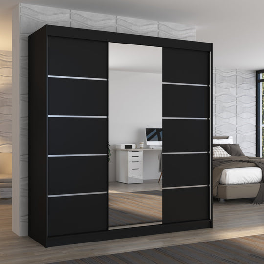 Armoire LES TENDANCES Baker 2 portes coulissantes en bois noir avec miroir