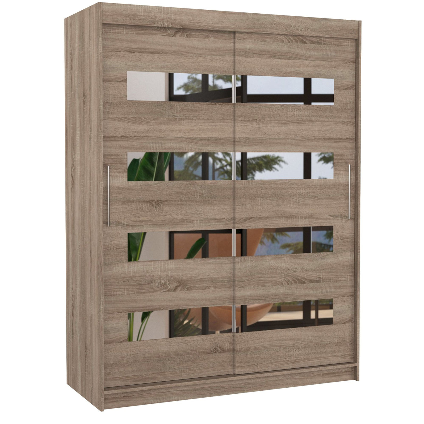 Armoire LES TENDANCES Bozika bois truffe 2 portes coulissantes bois truffe et miroirs horizontaux 150 cm