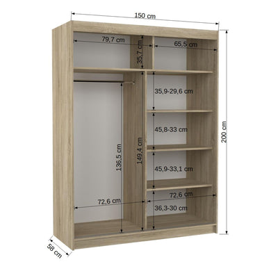 Armoire LES TENDANCES 2 portes coulissantes 1 naturel et 1 miroir Limka 150 cm Blanche