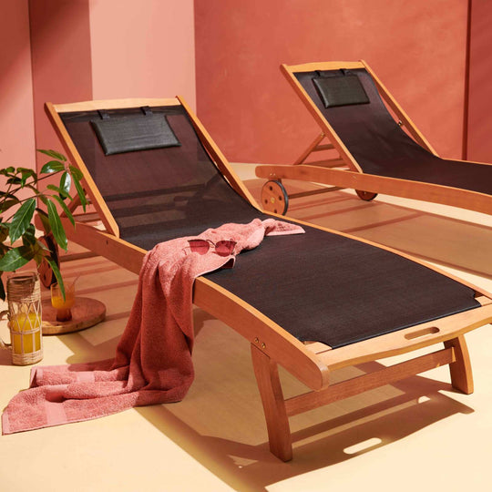 Lot de 2 bains de soleil en bois FSC® inclinable avec roues