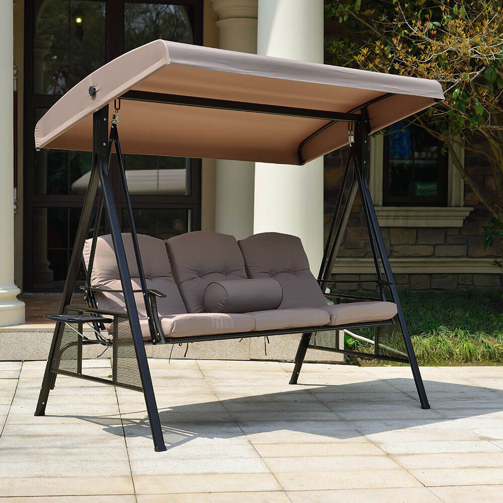 Balançoire hollywoodienne HOME DELUXE Descanso Beige 3 places avec porte-boisson, coussins d'assise et de dossier