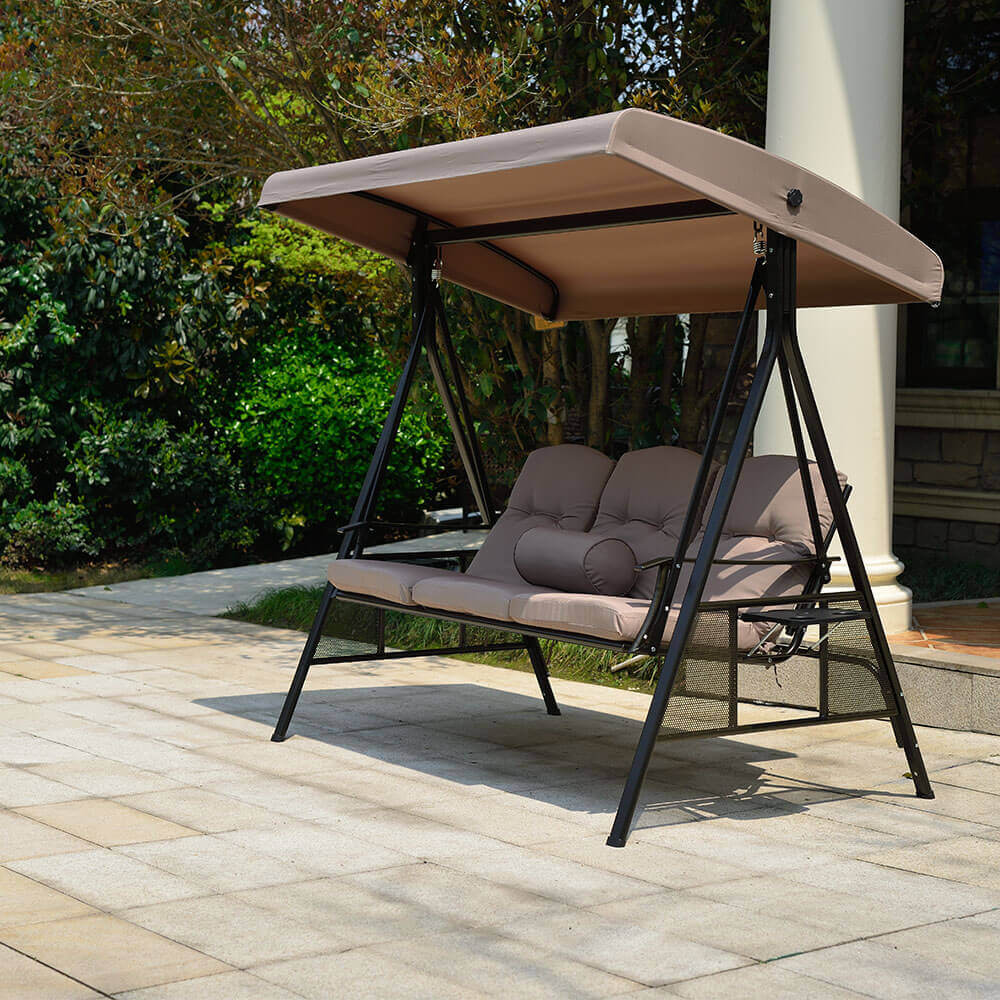 Balançoire hollywoodienne HOME DELUXE Descanso Beige 3 places avec porte-boisson, coussins d'assise et de dossier