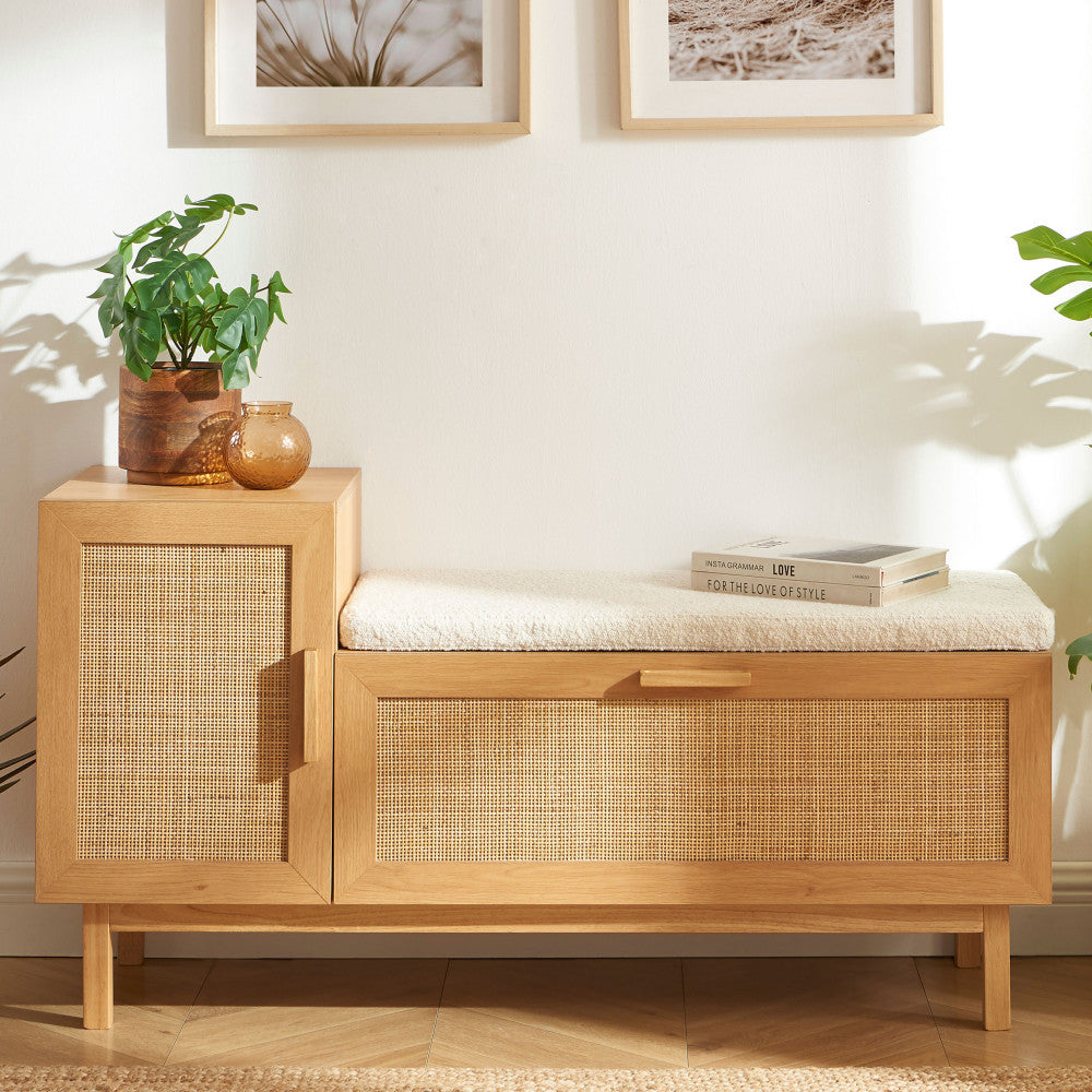 Banc d'entrée DRAWER June avec rangement chaussures en bois et cannage L120cm
