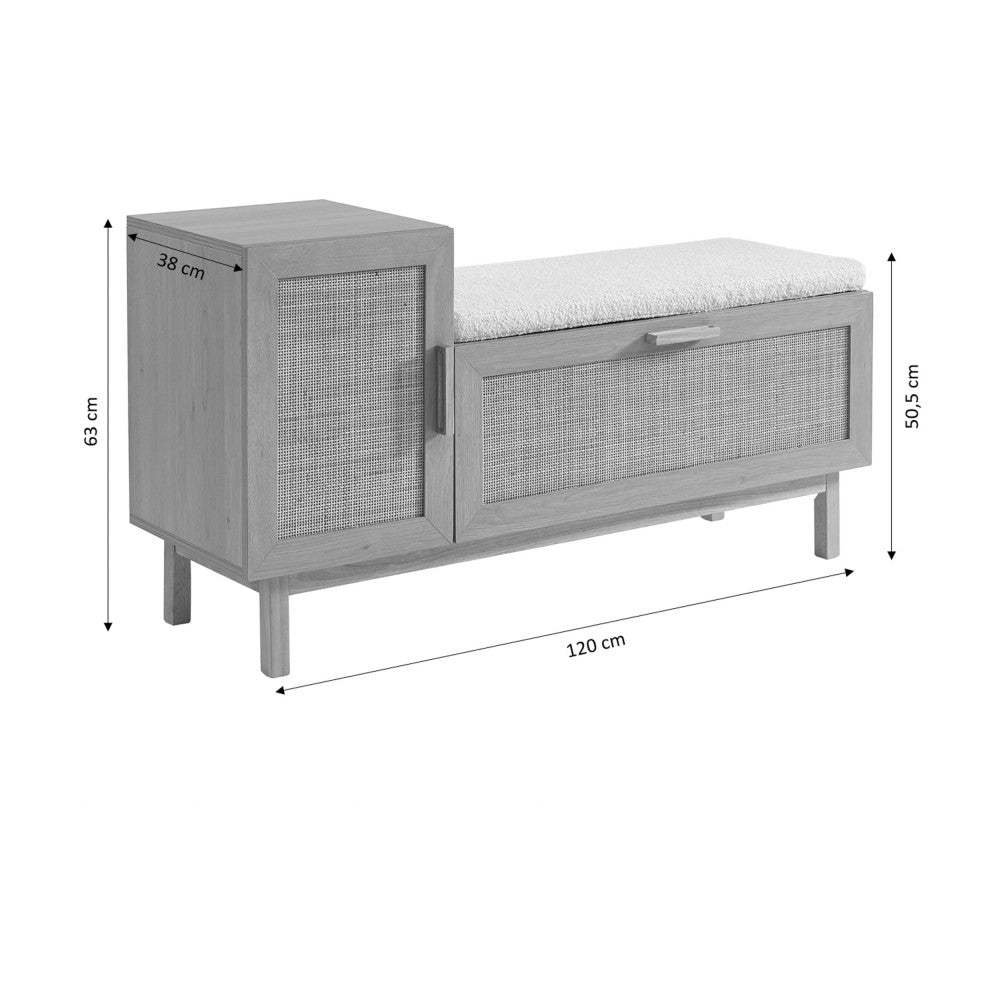 Banc d'entrée DRAWER June avec rangement chaussures en bois et cannage L120cm