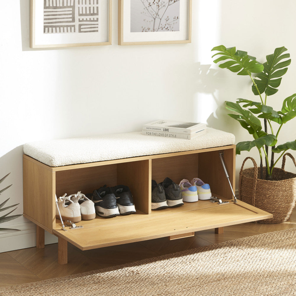 Banc d'entrée DRAWER avec rangement chaussures en bois et cannage L100cm