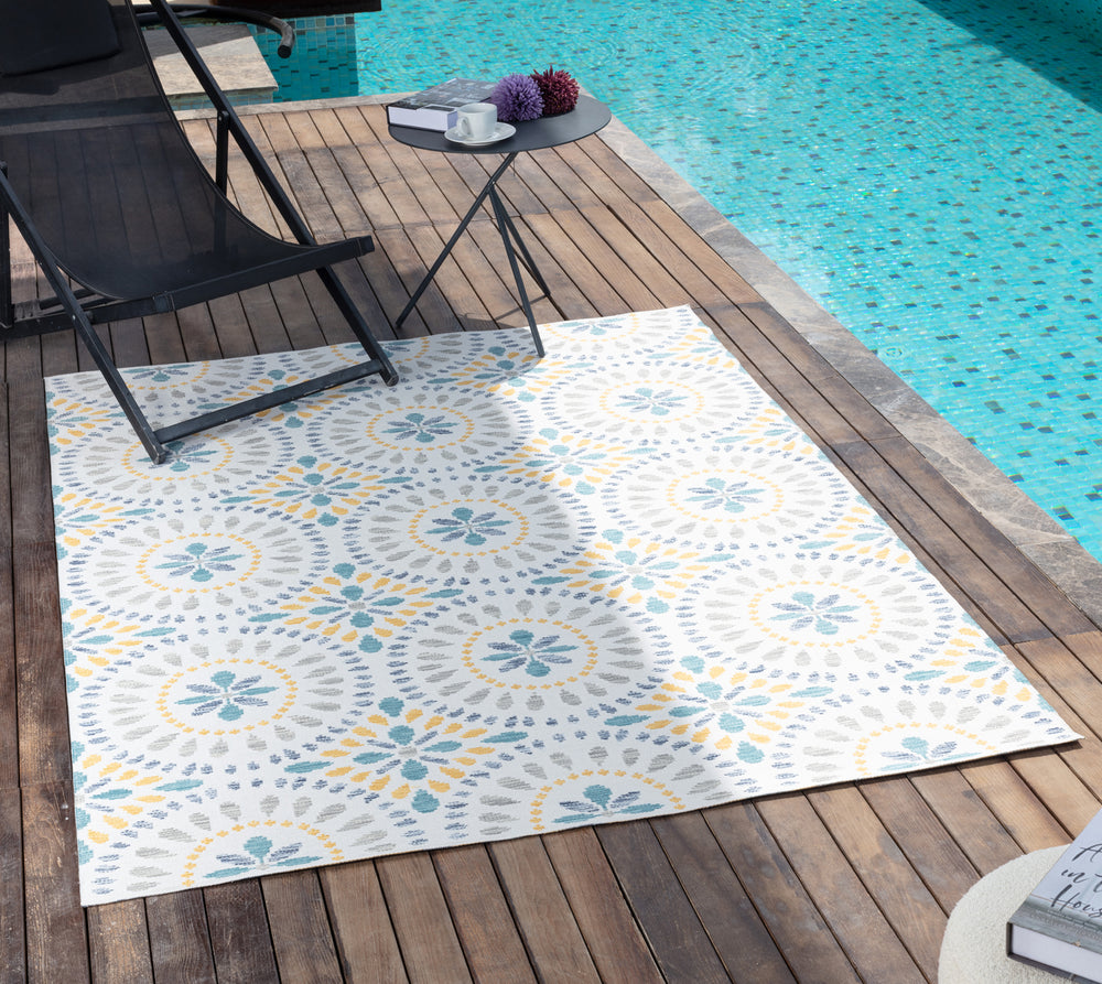 FERMO Tapis d'Extérieur/Intérieur Bohème Bleu/Jaune Moutarde 200x275