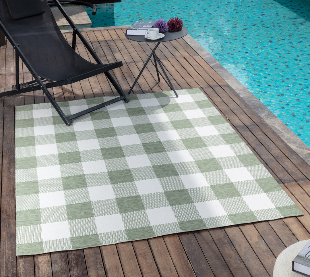 Tapis d'Extérieur/Intérieur à Carreaux Vert/Ivoire  Goris