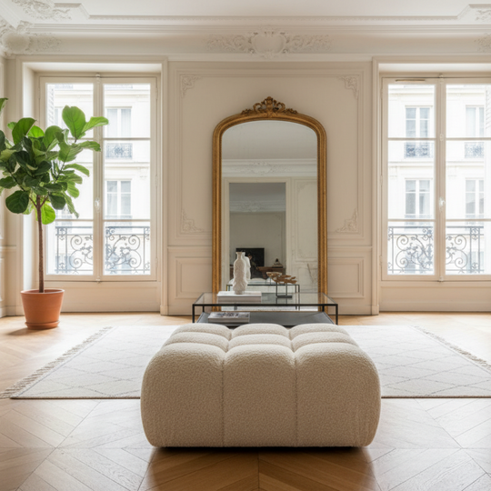 Pouf MICADONI Bellis en tissu bouclé Beige clair