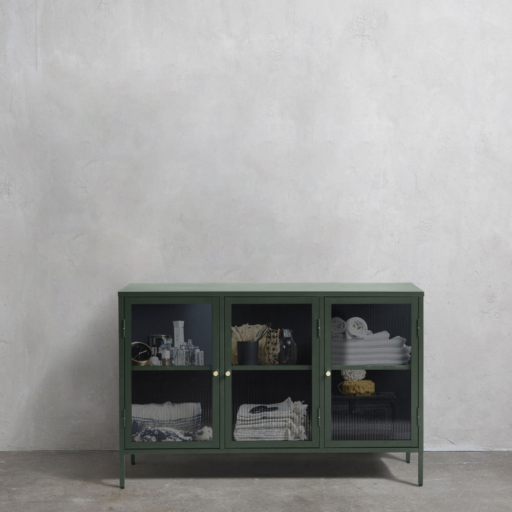 Buffet DRAWER Bjorn 3 portes en verre strié et métal Vert foncé