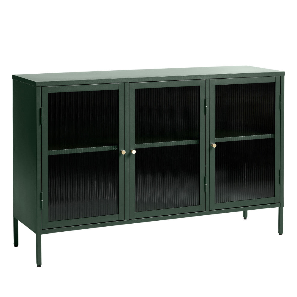 Buffet DRAWER Bjorn 3 portes en verre strié et métal Vert foncé