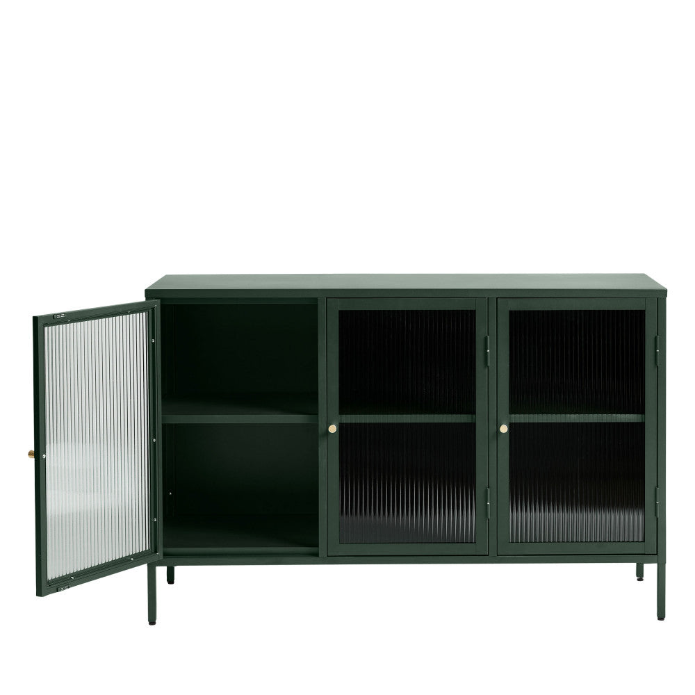 Buffet DRAWER Bjorn 3 portes en verre strié et métal Vert foncé