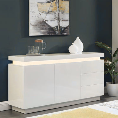 Buffet EMERSON II 2 portes & 3 tiroirs laqué blanc avec LEDs intégrées