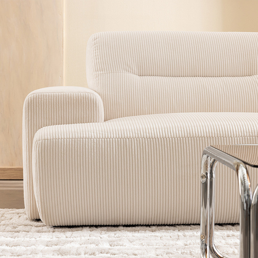 Canapé droit 4 places en velours côtelé ecru à accoudoirs larges Drawer