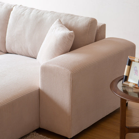 Canapé d'angle modulable 3 places en velours côtelé beige Aberdeen zoom sur le tissu