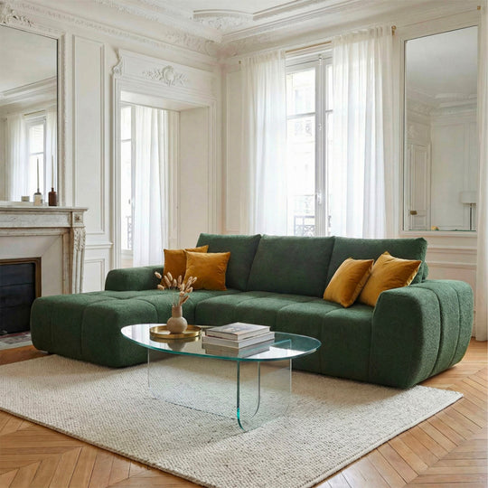 Canapé d'angle droit DRAWER Louis 3,5 places en tissu vert