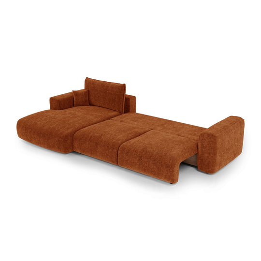 Canapé angle gauche convertible PREMIUM INTERIORS Como 5 places avec coffre en tissu bouclé terracotta
