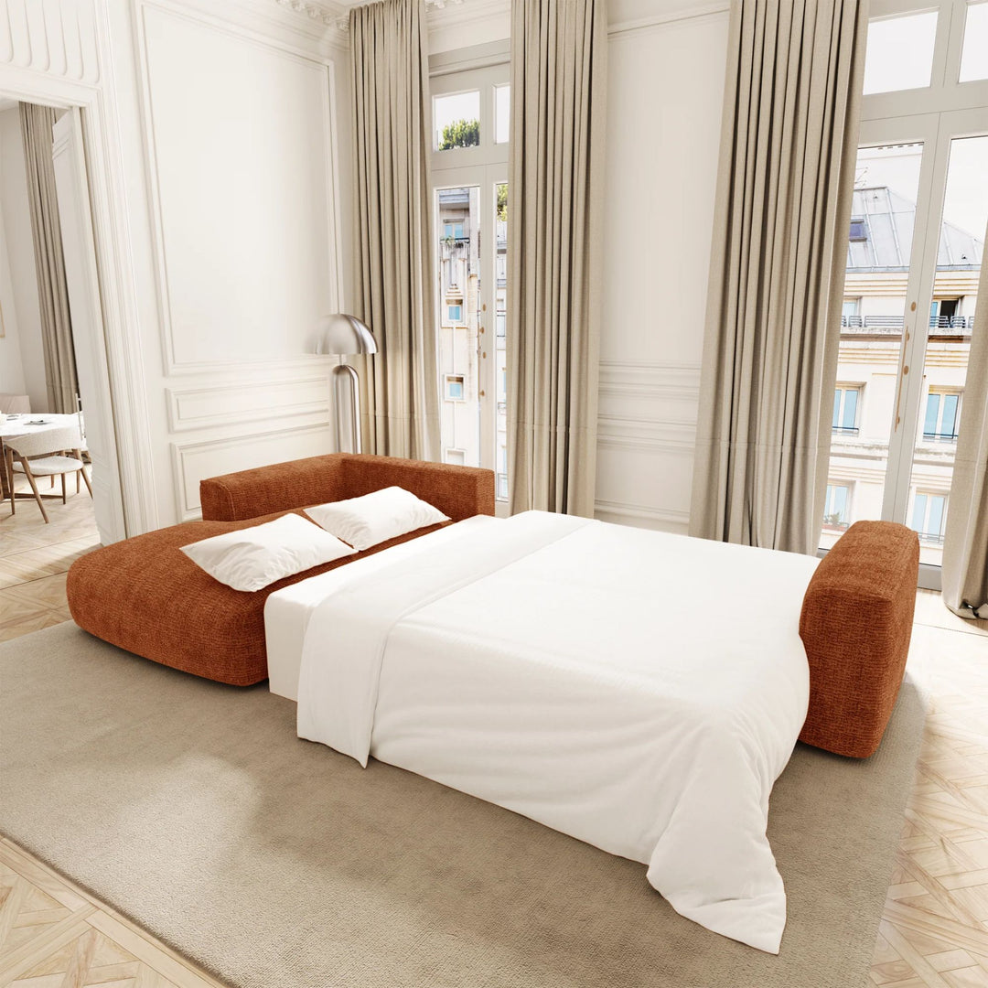 Canapé angle gauche convertible PREMIUM INTERIORS Como 5 places avec coffre en tissu bouclé terracotta