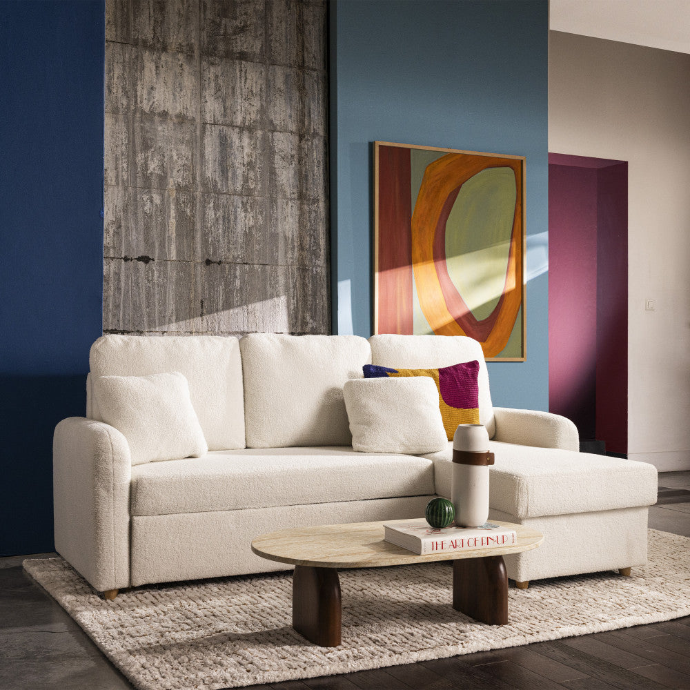 Canapé d'angle réversible convertible DRAWER Matera 3 places en tissu bouclette avec coffre Blanc