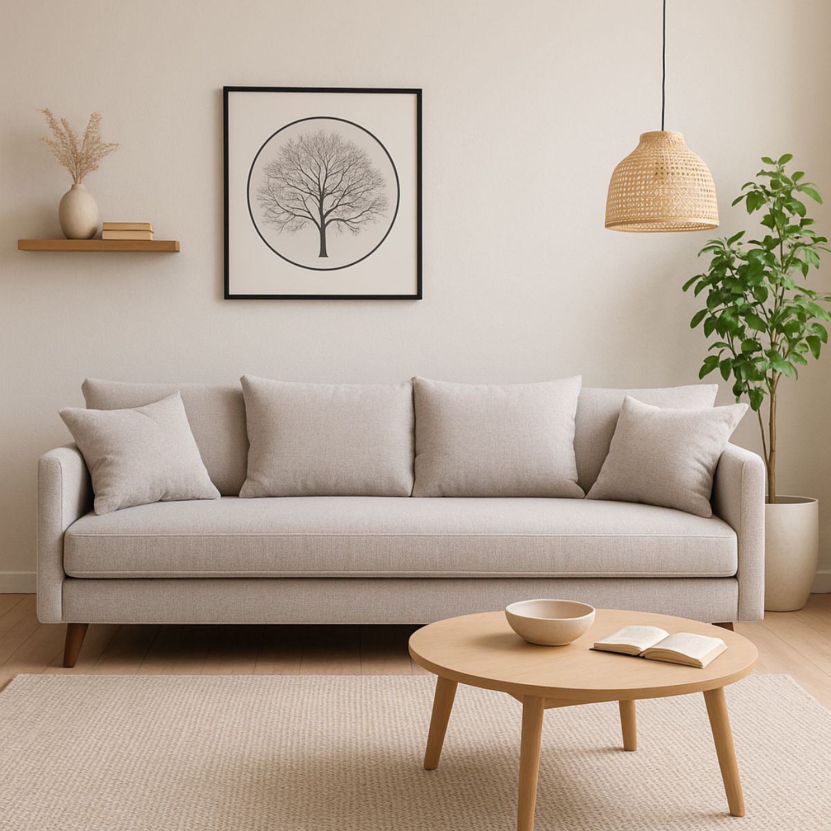 Canapé convertible DRAWER Villabon 4 places en tissu naturel pieds bois foncé