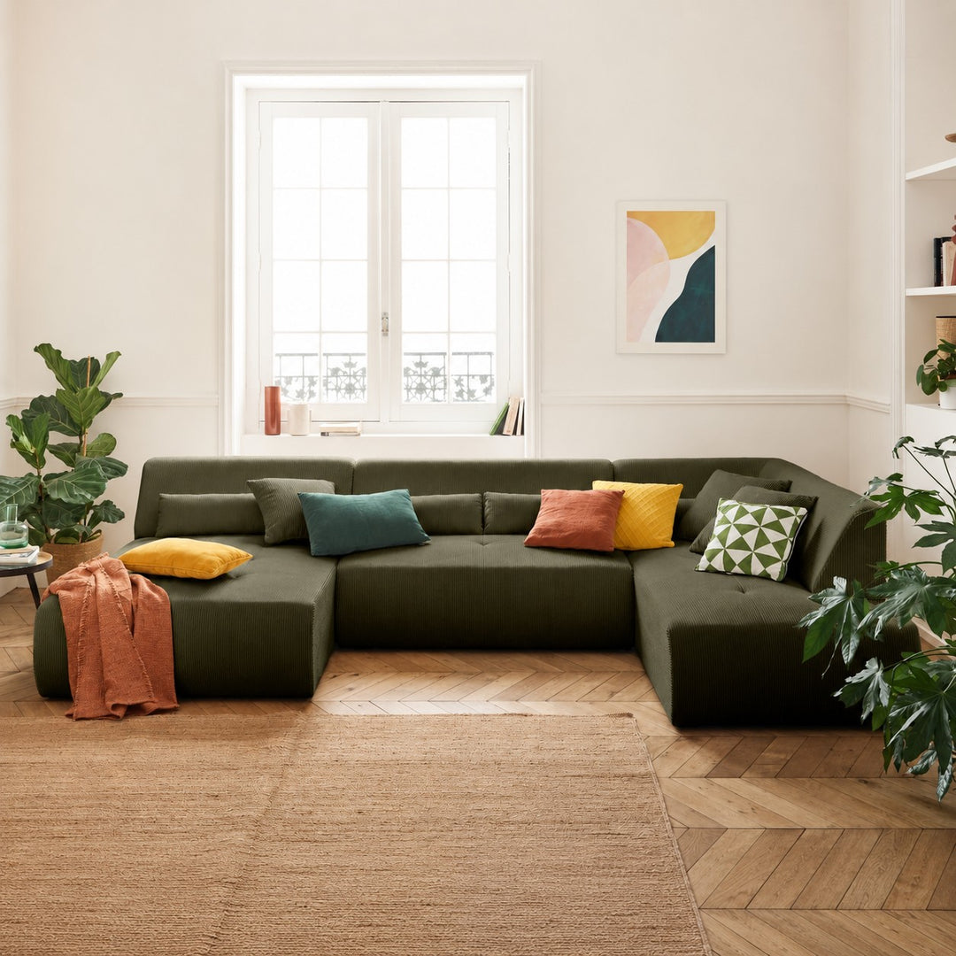 Canapé BESTMOBILIER panoramique d’angle droit ONYX 7 places en velours côtelé vert