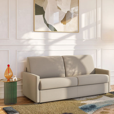 Canapé convertible VENTE UNIQUE Calife 3 places express en tissu beige avec Couchage 140 cm et Matelas 14 cm