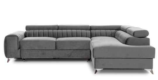 Canapé convertible d'angle droit LES TENDANCES Loza 5 places en velours gris avec appui-têtes réglables, coffre et pieds acier chromé