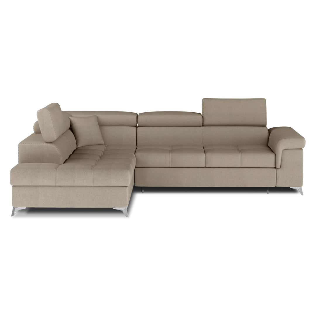 Canapé d'angle gauche convertible LES TENDANCES Marido en velours marron clair avec coffre et appuis-tête réglables