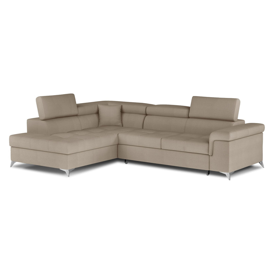 Canapé d'angle gauche convertible LES TENDANCES Marido en velours marron clair avec coffre et appuis-tête réglables
