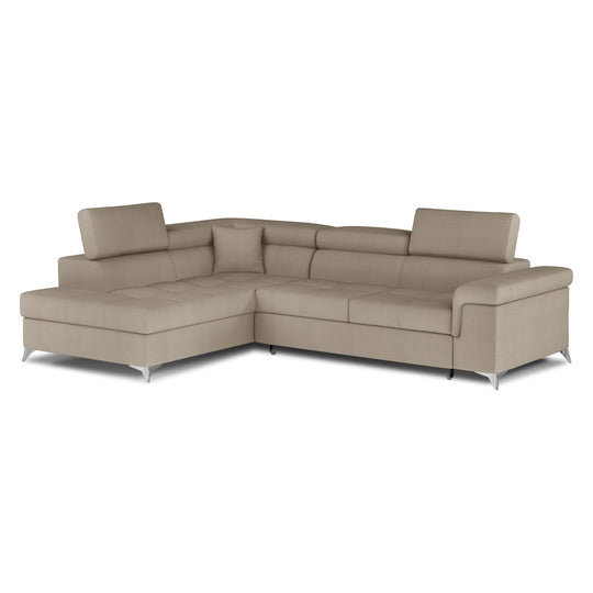 Canapé d'angle gauche convertible LES TENDANCES Marido en velours marron clair avec coffre et appuis-tête réglables